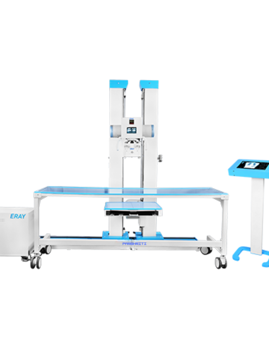 Parbhriti X-ray machine with overhead tube crane arm and examination table for medical radiography